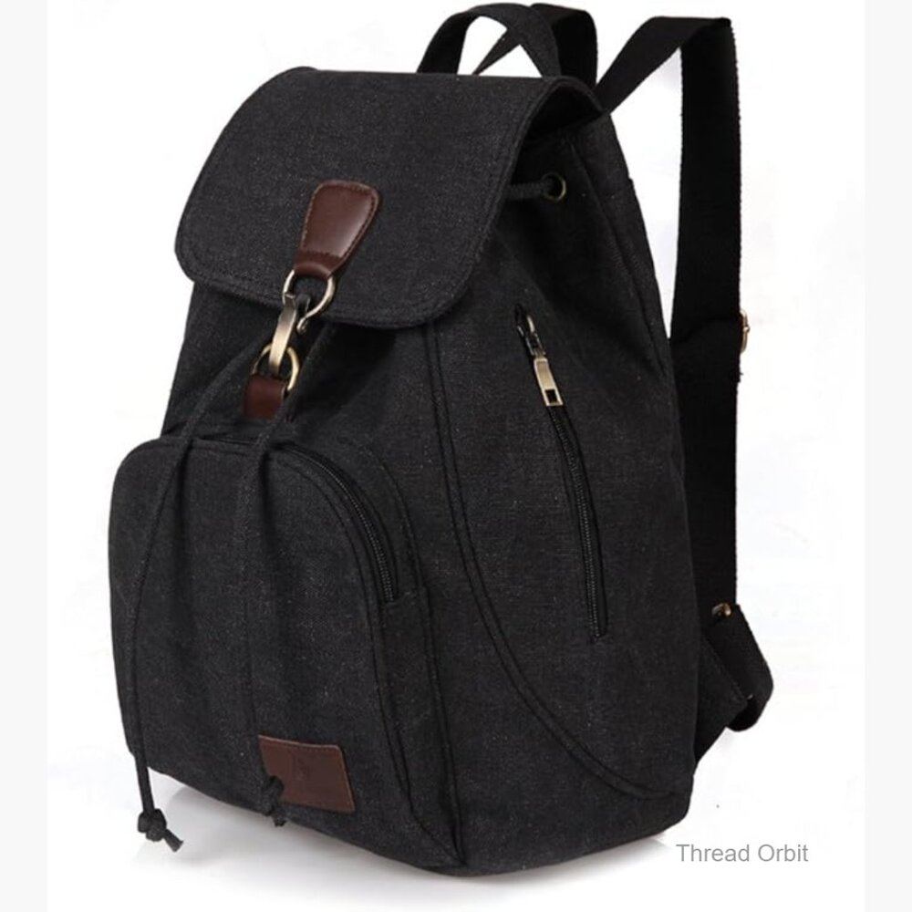 Canvas Backpack Purse with Flap Drawstring, Multi-Pocket Daypack for Women